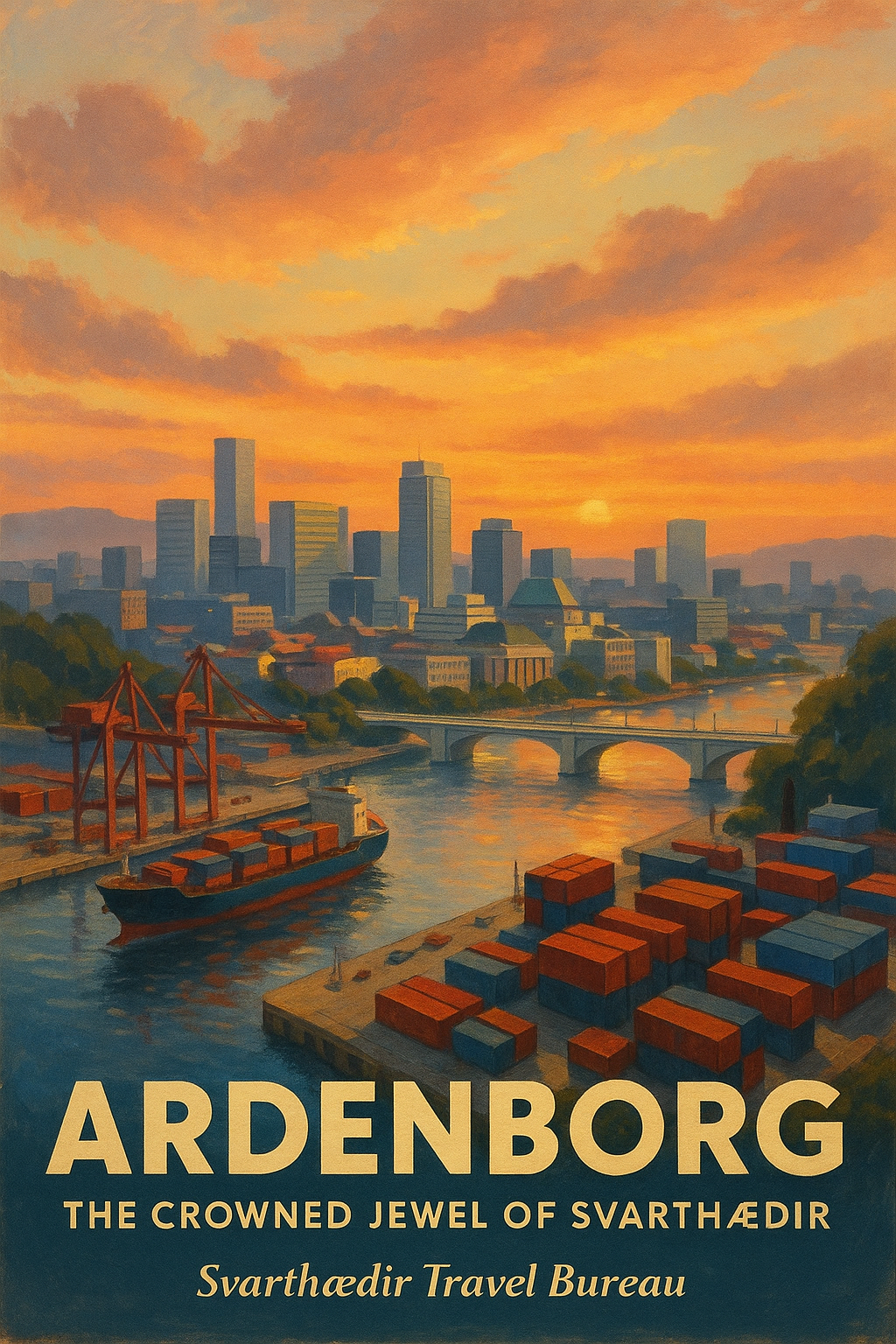 Ardenborg waterfront at sunset — urban attractions and maritime grandeur